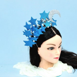 Blue celestial crown Moon goddess crown Star fascinator Space headband Galaxy headpiece