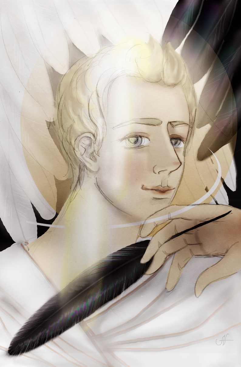 Angel of Eden Art print. Good Omens Aziraphale fanart with a black feather