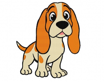 May include: A cartoon illustration of a beagle dog with orange and white fur. The dog has large, floppy ears, a black nose, and big, expressive eyes. The dog is standing on all fours, with its tail slightly raised.