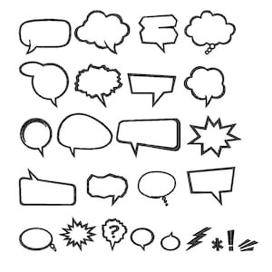 Könnte beinhalten: Eine Sammlung von schwarzen und weißen Sprechblasen in verschiedenen Formen und Größen. Das Set enthält wolkenartige, rechteckige und sternförmige Designs, ideal für Comics oder Grafikdesign-Projekte.