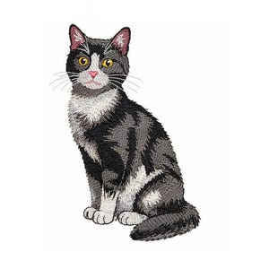 May include: An embroidered image of a seated cat with a black and gray tabby pattern. The cat has white markings on its chest and face, with pink ears and nose, and yellow eyes. The cat's tail is curled, and it is set against a white background.