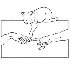 May include: A black and white line drawing of a cat and two hands. The cat is lying on top of a rectangle, with one paw extended towards the hands below. The hands are reaching towards each other, with one hand touching the cat's paw.