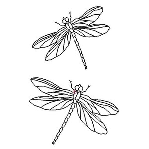 May include: Two detailed line art illustrations of dragonflies. Each dragonfly is depicted with delicate wings, a segmented body, and intricate details, all rendered in black against a white background. The dragonflies are positioned at different angles.