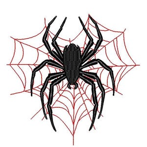 Puede incluir: Una araña negra con ocho patas y un cuerpo texturizado está centrada en una telaraña roja. La telaraña tiene un diseño delicado en forma de red. La imagen está sobre un fondo blanco.
