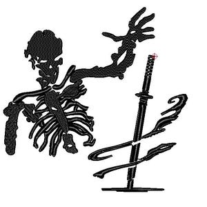 May include: Black silhouette of a skeleton reaching towards a katana. The katana is black with a red accent on the handle. The image is set against a white background.