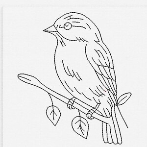 May include: Black and white line drawing of a bird perched on a branch with leaves. The bird is facing left, with detailed feather and eye markings. The artwork is on a white background.
