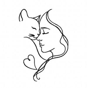 May include: A minimalist line drawing of a cat nuzzling a person's face, with a heart shape below. The artwork is in black on a white background, depicting a bond of affection.
