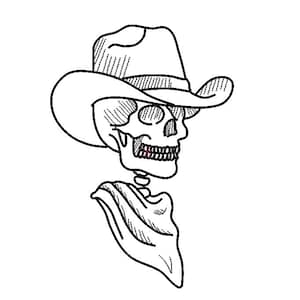 Op de afbeelding: Een zwart-wit illustratie van een schedel met een cowboyhoed. De schedel heeft een gedetailleerd ontwerp met zichtbare tanden en een bandana om de nek. De cowboyhoed is ook gedetailleerd.