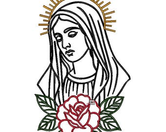Disegno da ricamo della Vergine Maria: icona con linea di rosa (schema digitale)