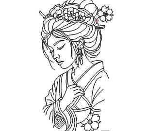 Geisha Embroidery Design: Japanese Kimono Line Art (Digital Pattern)