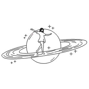 May include: A black and white line drawing of a person standing on a planet with rings. The person is wearing a short dress and has their arms outstretched. Plus signs are scattered around the planet.