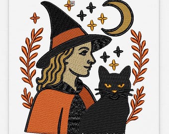 Witch and Black Cat Embroidery Design: Mystical Moon & Stars (Digital Pattern