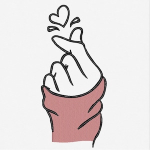 May include: A hand gesture forming a heart shape, with the thumb and index finger touching. The outline is black, with a small heart above the fingers. The wrist is covered in a reddish-brown sleeve.