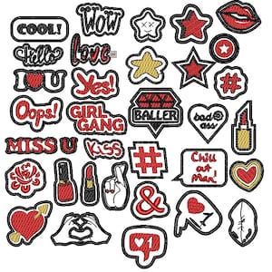 Op de afbeelding: Een verzameling geborduurde patches met diverse ontwerpen en tekst. Bevat patches met zinnen als "COOL!", "Wow", "Love", "Yes!" en "Girl Gang". Andere patches tonen sterren, harten, lippen en een diamant.