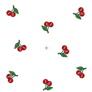 May include: An embroidered design featuring several clusters of red cherries with green leaves. The cherries are a vibrant red color, and the leaves are a deep green. The design is set against a white background.