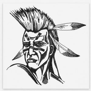 May include: Black and white illustration of a Native American man with a mohawk hairstyle and face paint. Two feathers are placed behind the head. The artwork is a detailed line drawing, showcasing the man's facial features and expression.