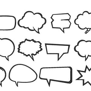 K&ouml;nnte beinhalten: Eine Sammlung von zw&ouml;lf schwarzen und wei&szlig;en Sprechblasen in verschiedenen Formen. Die Designs umfassen wolkenartige, rechteckige und sternf&ouml;rmige Formen, geeignet f&uuml;r Comics oder Grafikdesignprojekte.