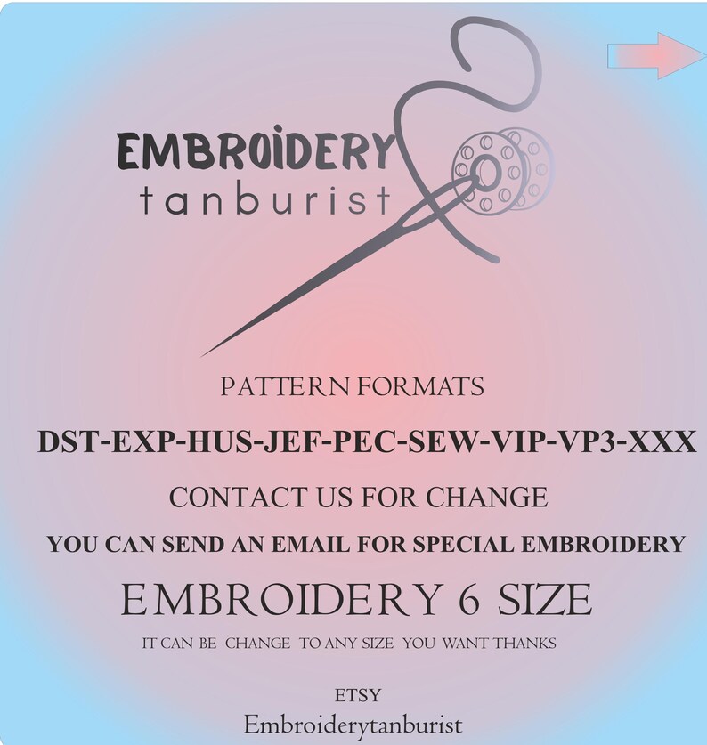 K&ouml;nnte beinhalten: Ein farbiger Hintergrund mit dem Text "EMBROIDERY tanburist" und einer Illustration von Nadel und Faden. Zus&auml;tzlicher Text enth&auml;lt "PATTERN FORMATS" und "EMBROIDERY 6 SIZE". Der Etsy-Shop-Name "Embroiderytanburist" wird ebenfalls angezeigt.