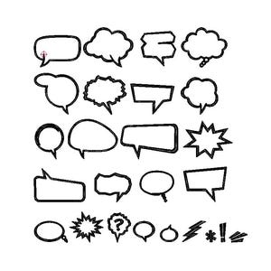 K&ouml;nnte beinhalten: Eine Sammlung von schwarzen und wei&szlig;en Sprechblasen in verschiedenen Formen und Gr&ouml;&szlig;en. Das Set umfasst wolkenf&ouml;rmige, rechteckige und sternf&ouml;rmige Designs, ideal f&uuml;r Comic-Illustrationen oder Grafikdesign-Projekte.