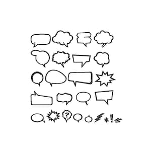 K&ouml;nnte beinhalten: Eine Sammlung von schwarzen und wei&szlig;en Sprechblasen in verschiedenen Formen. Das Set umfasst wolkenf&ouml;rmige, rechteckige und sternf&ouml;rmige Designs, ideal f&uuml;r Comics oder Grafikdesign-Projekte.