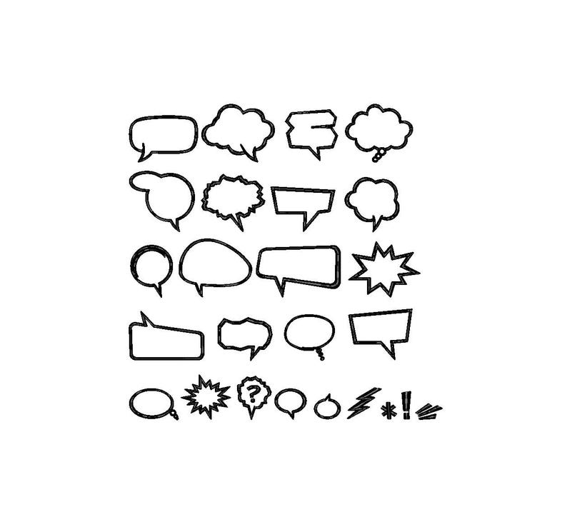 K&ouml;nnte beinhalten: Eine Sammlung von schwarzen und wei&szlig;en Sprechblasen in verschiedenen Formen. Das Set umfasst wolkenf&ouml;rmige, rechteckige und sternf&ouml;rmige Designs, ideal f&uuml;r Comics oder Grafikdesign-Projekte.