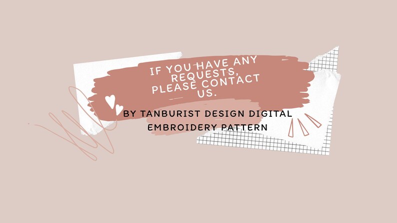 K&ouml;nnte beinhalten: Werbung f&uuml;r ein digitales Stickmuster vor einem hellrosa Hintergrund. Der Text lautet: &bdquo;WENN SIE ANFRAGEN HABEN, KONTAKTIEREN SIE UNS BITTE.&ldquo; und &bdquo;VON TANBURIST DESIGN DIGITAL STICKMUSTER&ldquo;.