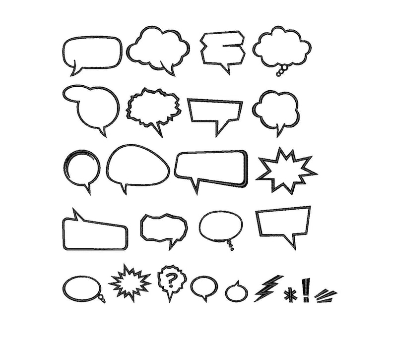 Comic speech bubble outline embroidery patch set with 23 doodle-style shapes, ideal for jackets, planners, tote bags and kids’ clothing.