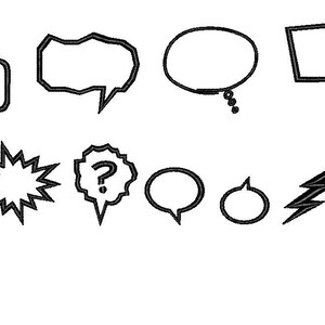 K&ouml;nnte beinhalten: Eine Sammlung von schwarz-wei&szlig;en Comic-Sprechblasen und Ausrufen. Das Set enth&auml;lt verschiedene Formen, wie rechteckige, ovale und sternf&ouml;rmige Designs, sowie Symbole wie ein Fragezeichen und einen Blitz.