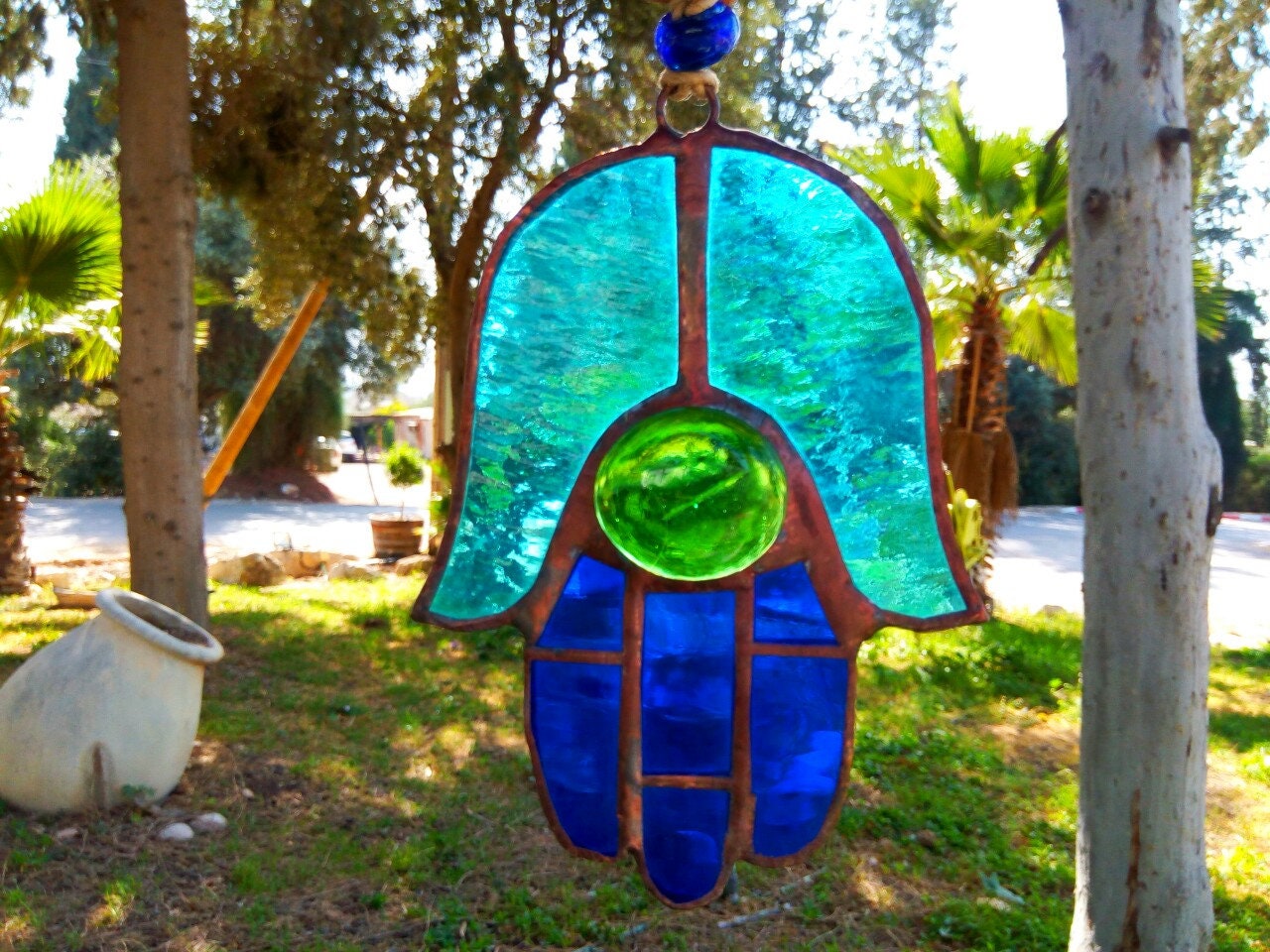 Blue Hand of Fatima Khamsa Stained Glass Hamsa Suncatcher with Evil Eye Jewel