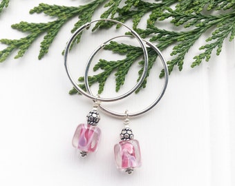 Felicity Earrings, sterling silver hoop and pink glass