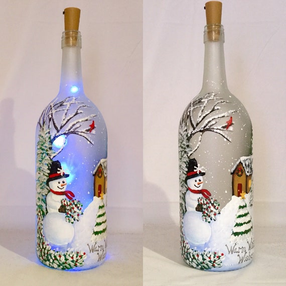 Christmas Lighted Bottle Snowman Painted Wine Bottle Etsy