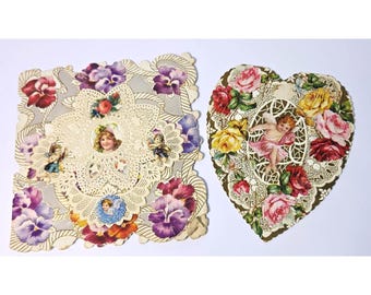 2 Antique Victorian Paper Lace Embossed Die Cut Valentine Cards And Die Cuts