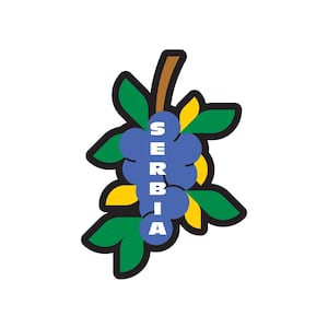 Puede incluir: Una pegatina gráfica que muestra un racimo de uvas azules con hojas verdes y detalles amarillos. Un tallo marrón sobresale de la parte superior. La palabra SERBIA está impresa en letras mayúsculas blancas verticalmente sobre el racimo.