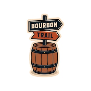 Pode incluir: Um adesivo com um barril de madeira castanho com aros de metal preto. Um poste vertical preto estende-se do topo, segurando duas placas direcionais. A placa superior é preta com o texto branco BOURBON e a inferior é laranja com o texto preto TRAIL.