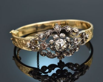 Historic bangle with diamond roses ca 1,8 ct gold 585 created around 1880