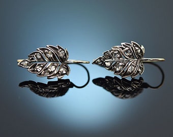 Antique English earrings with diamond roses made of 375 gold and art nouveau silver