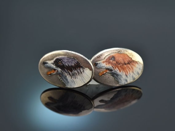 Historical dog cufflinks with enamel painting sil… - image 3