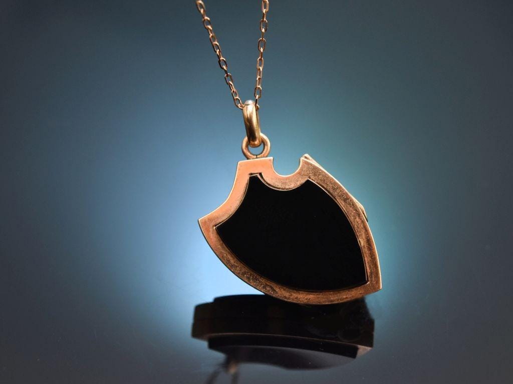Pendentif Médaillon Victorien Années 1880 - Or Doublé, Onyx & Corail - Pièce Antique Allemande - Original