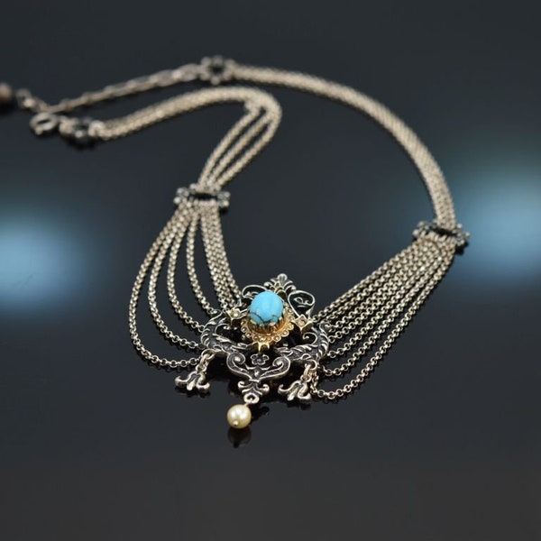 Beautiful traditional dirndl necklace with turquoise and pearl of silver 835 around 1950