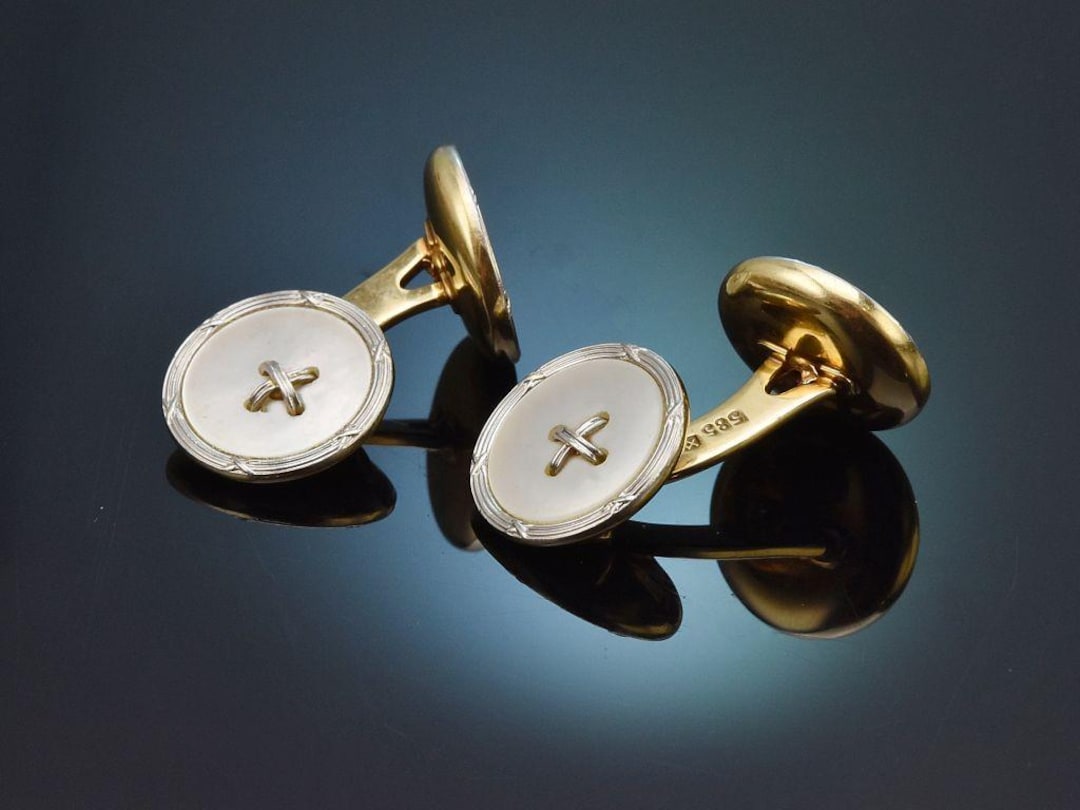 Boutons De Manchette Anciens Art Déco En Or 14k Et Nacre - Or Blanc Et Jaune, 10.5g, Vintage