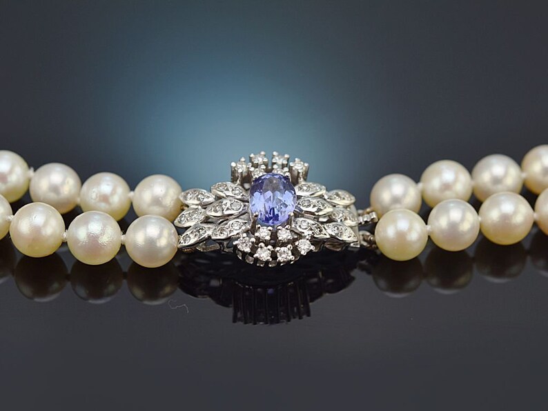 Two-row akoya cultured pearl necklace with tanzanite and diamonds gold 585 1975 image 2