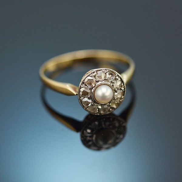 Antiker ring mit natur perle und diamant rosen gold 585 platin um 1900