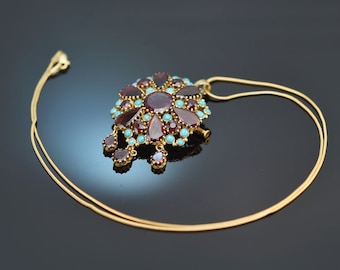 Pendant/brooch with chain garnet and turquoise 750 gold created around 1910