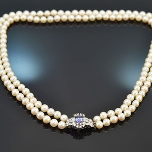 Two-row akoya cultured pearl necklace with tanzanite and diamonds gold 585 1975 image 1