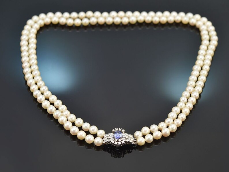 Two-row akoya cultured pearl necklace with tanzanite and diamonds gold 585 1975 image 1