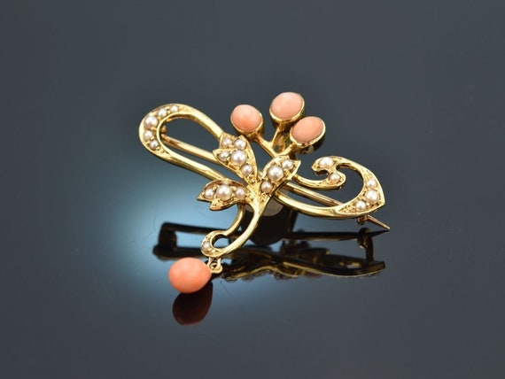 Broche Art Nouveau Dorée - Branche De Corail, Perle, Aventurine Et Oiseau, Neuf