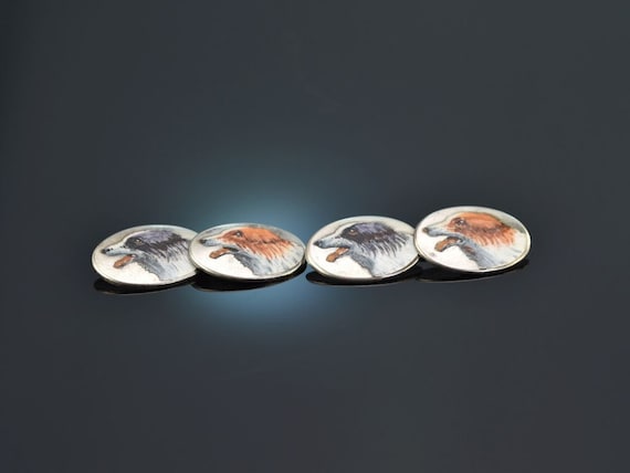 Historical dog cufflinks with enamel painting sil… - image 2