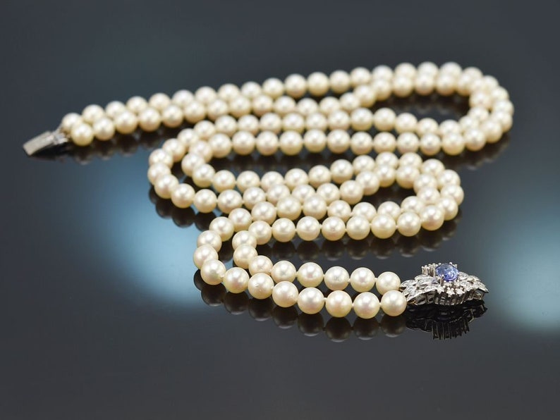 Two-row akoya cultured pearl necklace with tanzanite and diamonds gold 585 1975 image 4
