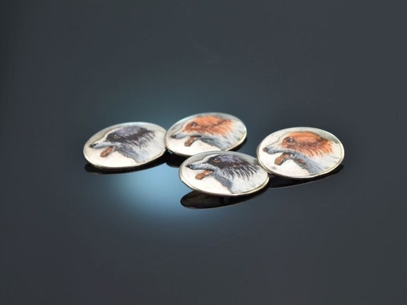 Historical dog cufflinks with enamel painting sil… - image 1