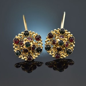 Beautiful Schaumburg traditional earrings with colorful glass stones, around 1900, silver